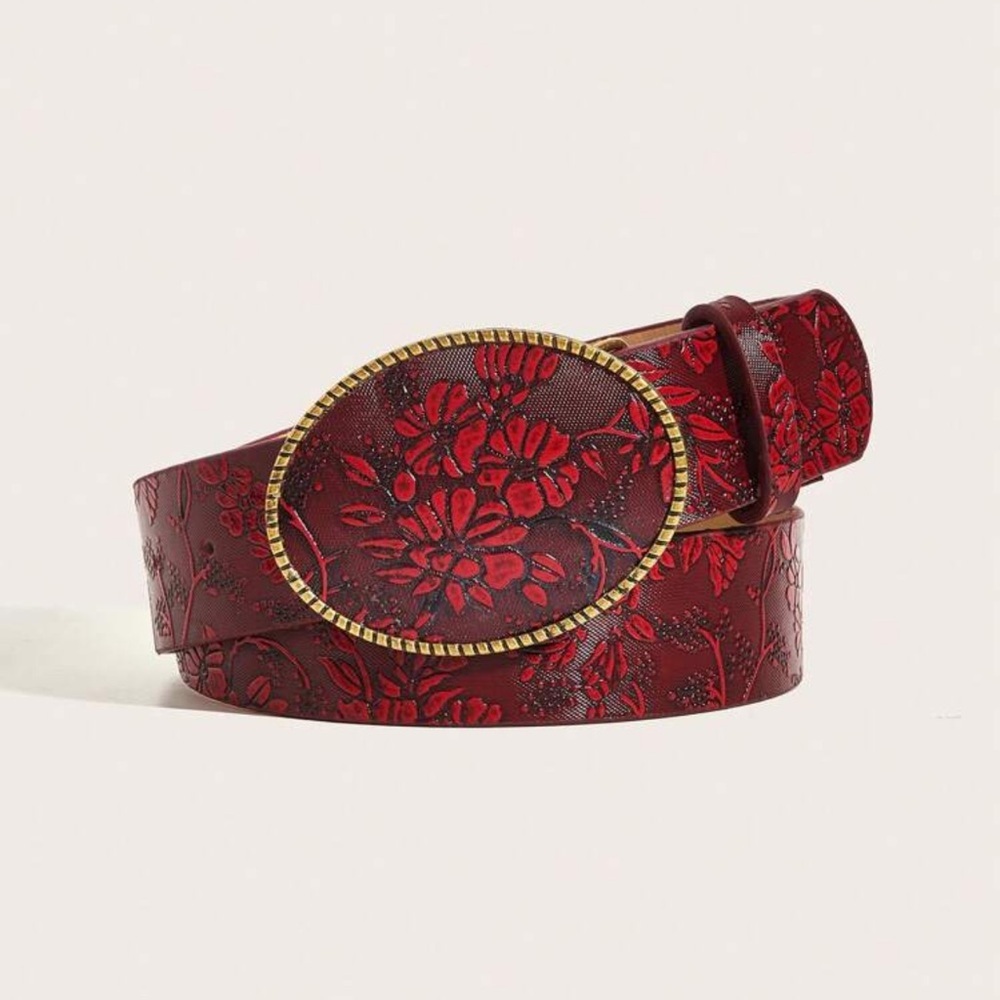 1pc Women's Vintage Metal & PU Grape Print Belt, Suitable For Daily Use